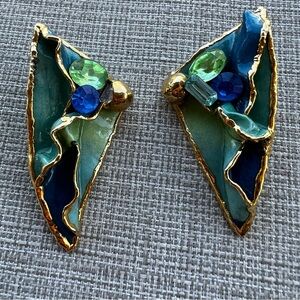 Vtg Lacombe "Art To Wear" Blues & Green Mix  W/Jewels Dangle Pierced Earrings